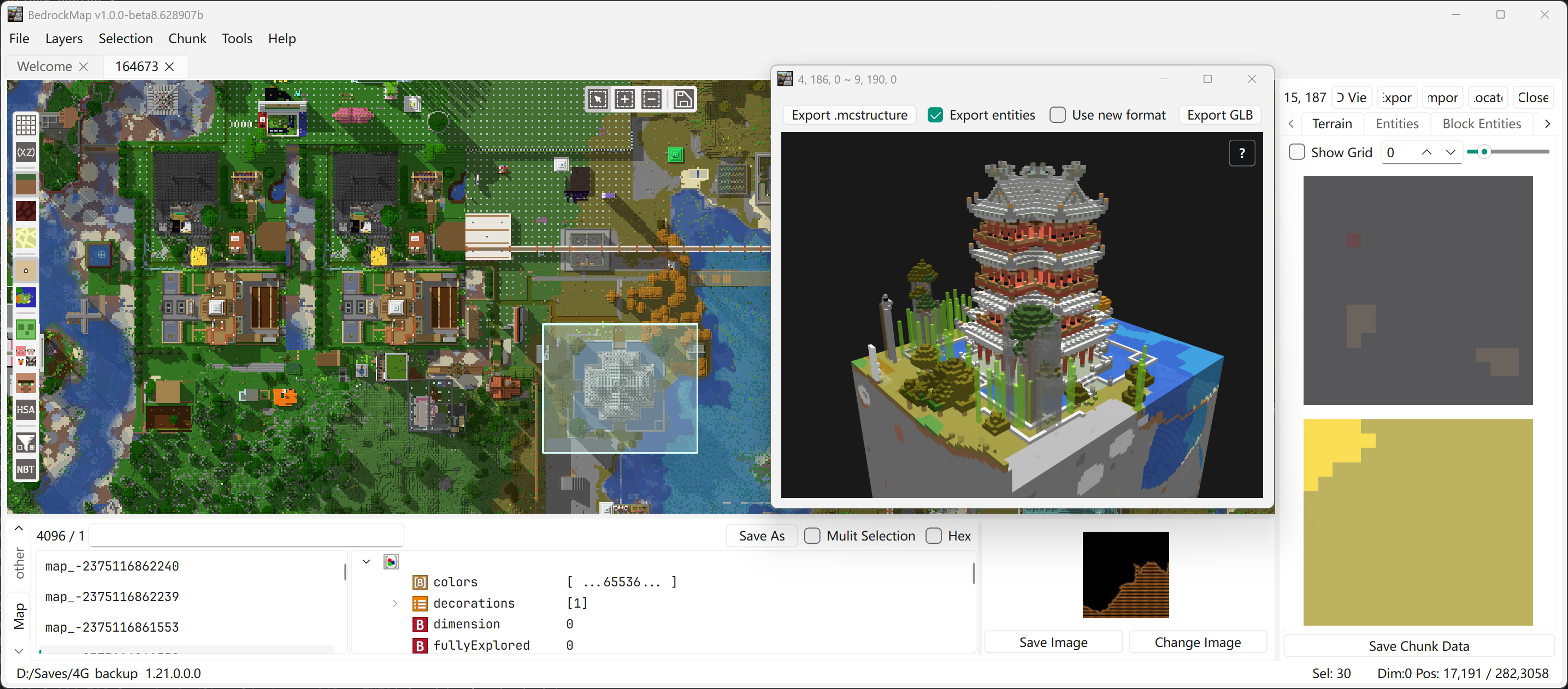 Map overview — terrain, biomes and entities overlaid